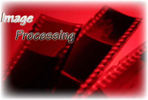 Close-up of film negatives being processed in a darkroom, with red lighting and the text 'Image Processing' overlaying the image.